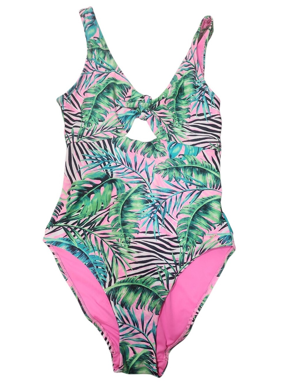 Kian D Neon Pink/ Green Tropical Palm Zebra Print Cutout One Piece Swimsuit. L